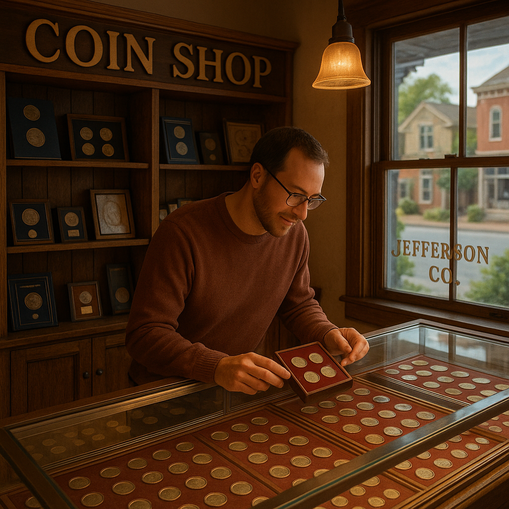 Engaged collector browsing an exclusive selection of rare coins, illustrating the welcoming atmosphere for enthusiasts