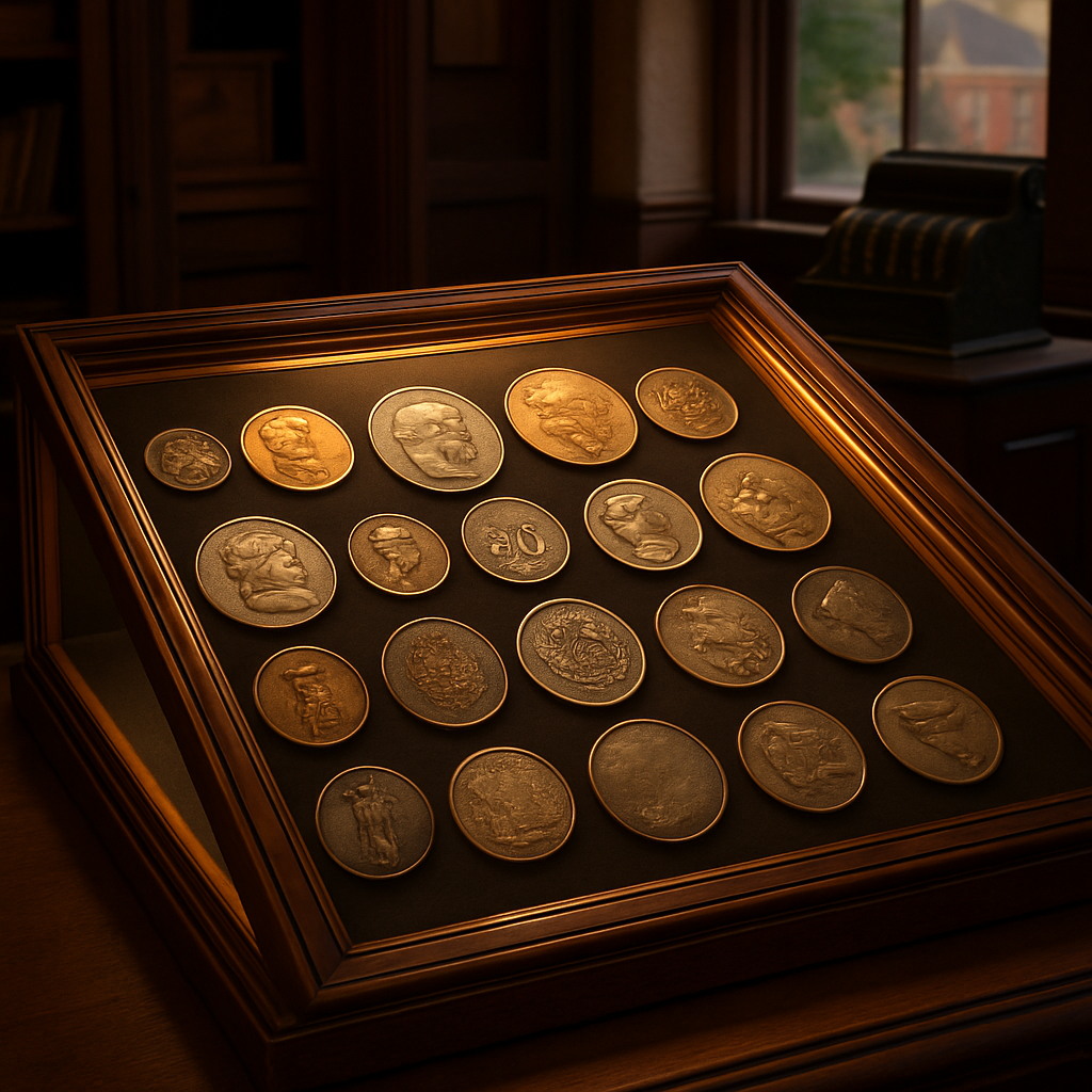 Elegant display case filled with a diverse collection of rare coins from various eras and countries