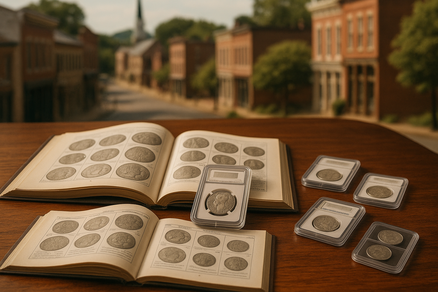Historical coin catalogues and grading certificates spread out on a polished wooden table, emphasizing authenticity