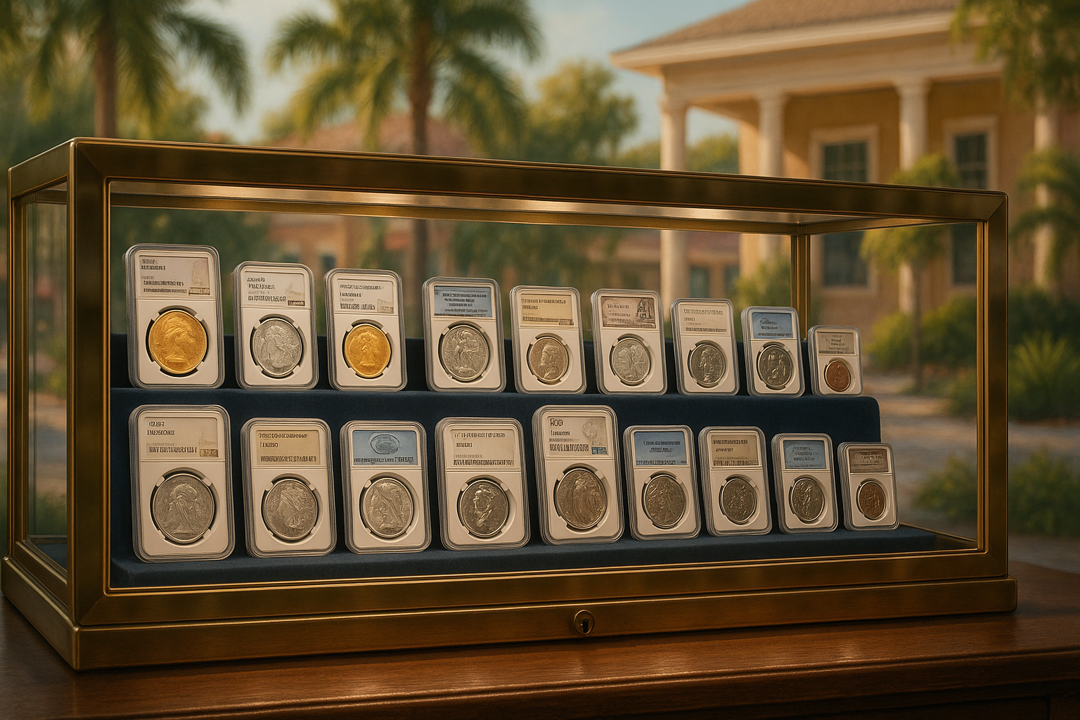 Showcase of collectible coins with certificates of authenticity in a secure display case