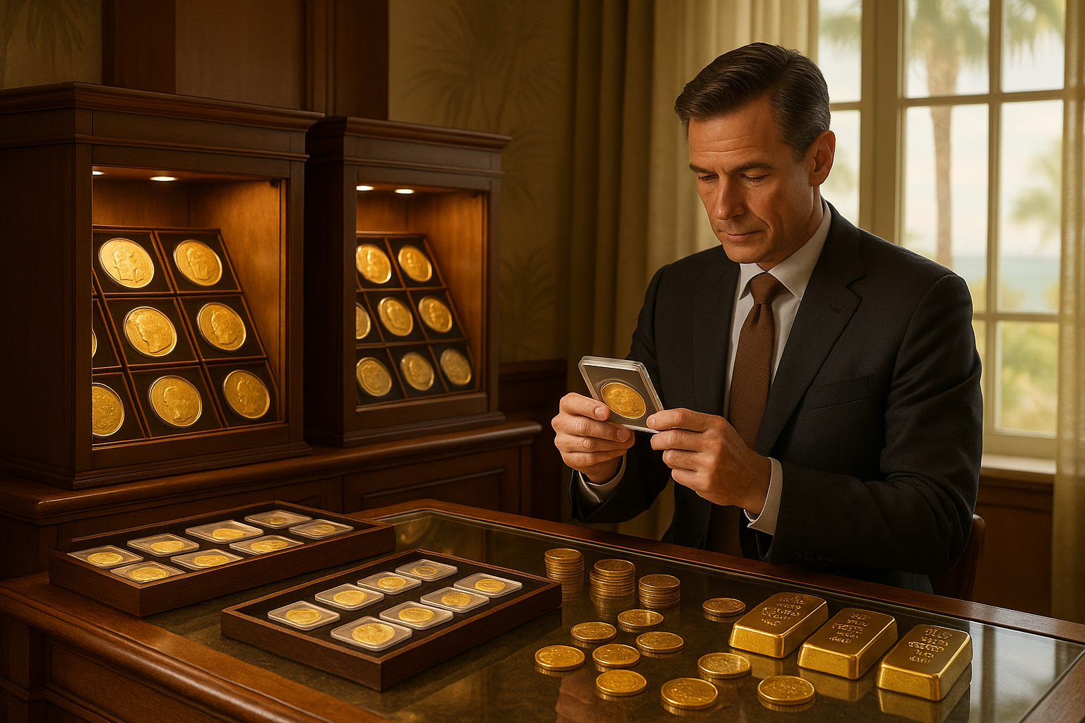 Investor reviewing valuable currency and gold coins in a sophisticated showroom