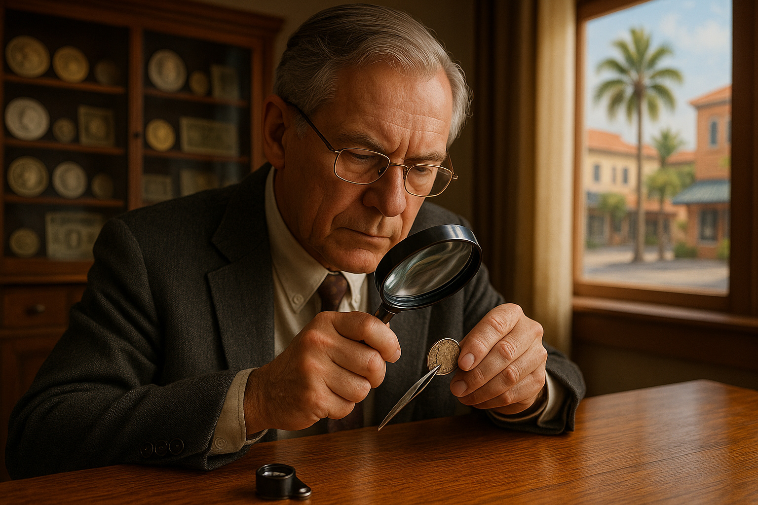 Professional numismatist examining a vintage coin under magnification with precision tools