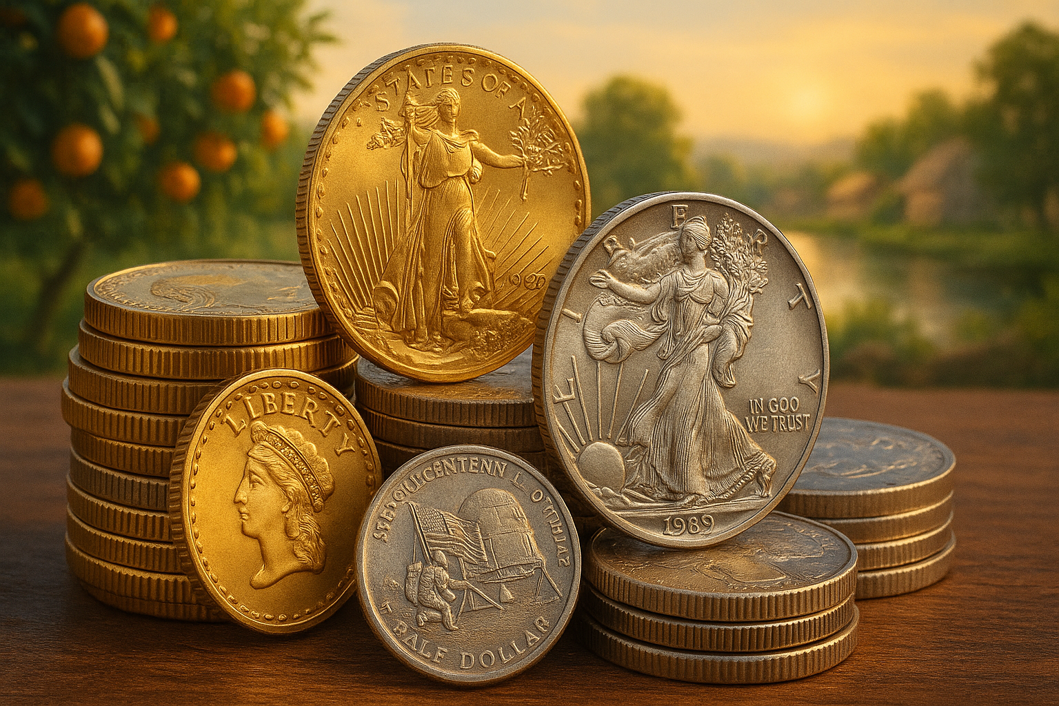 Stack of various valuable coins including gold, silver, and collectible commemorative pieces, accentuating the diverse selection available.