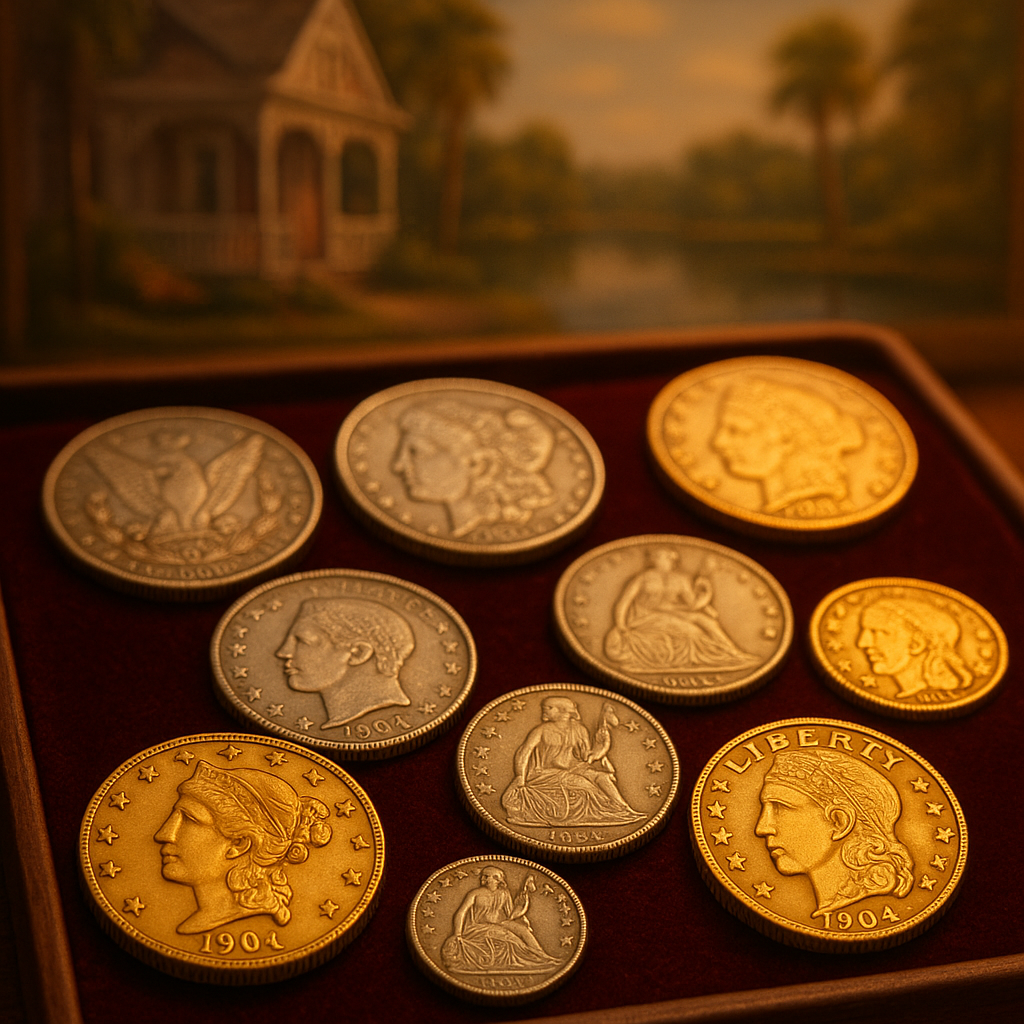 Close-up of rare gold and silver coins beautifully arranged on a velvet display, highlighting intricate details and craftsmanship.