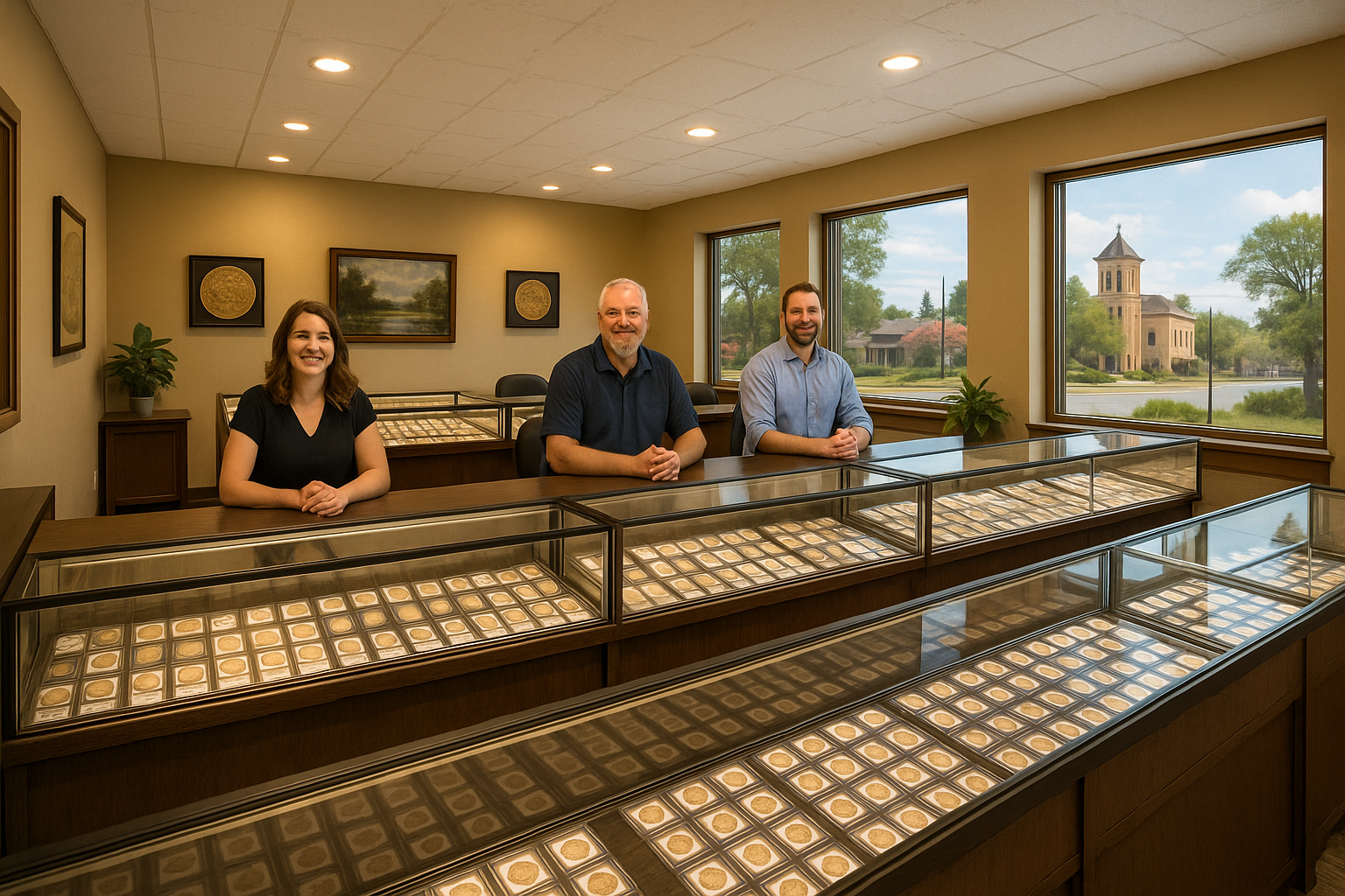 Wide-angle photo of a modern, inviting coin shop interior with display cases and friendly staff ready to assist serious collectors.