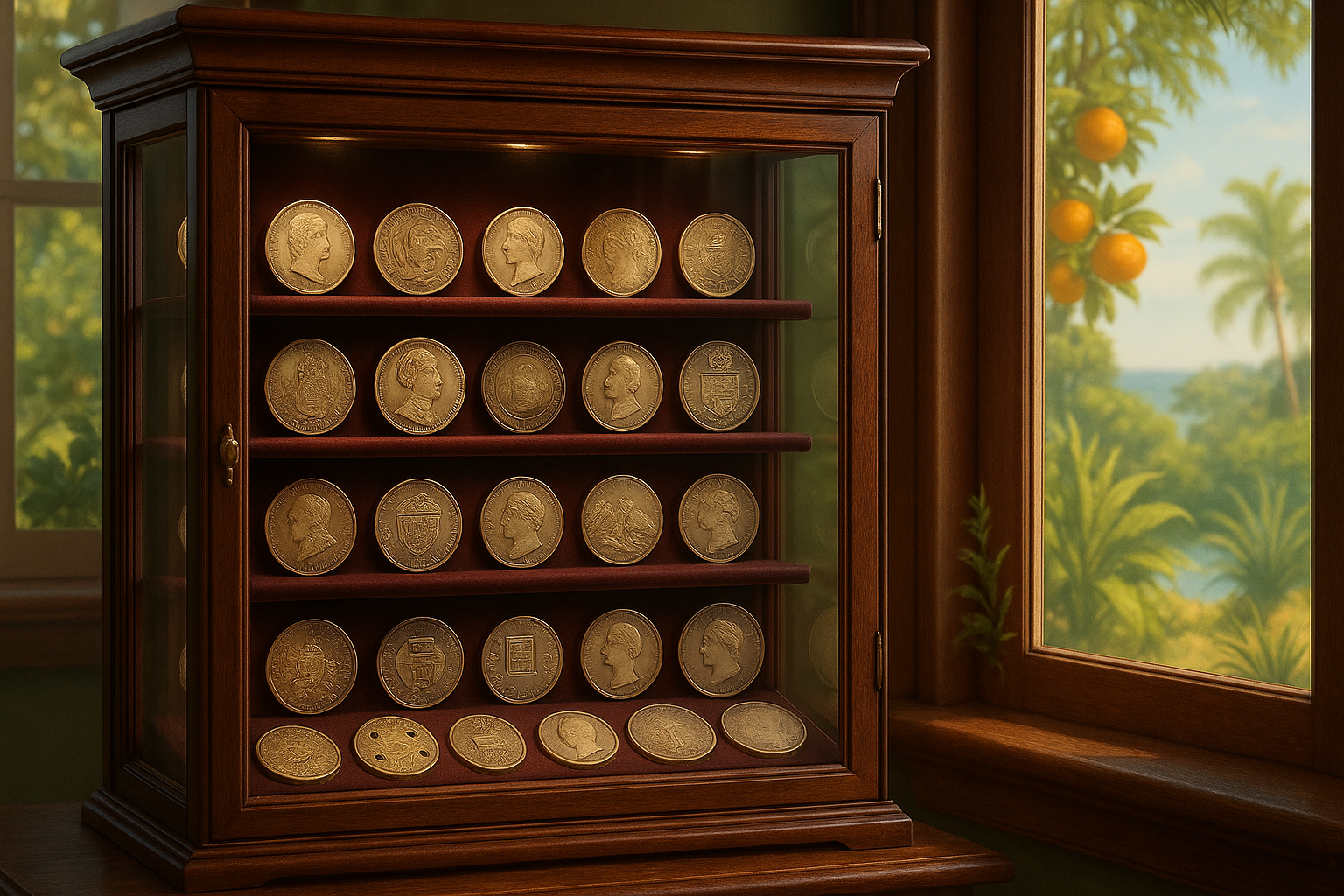 Showcase of an elegant glass cabinet filled with historic and collectible coins from around the world, reflecting Citrus County's premier coin shop.