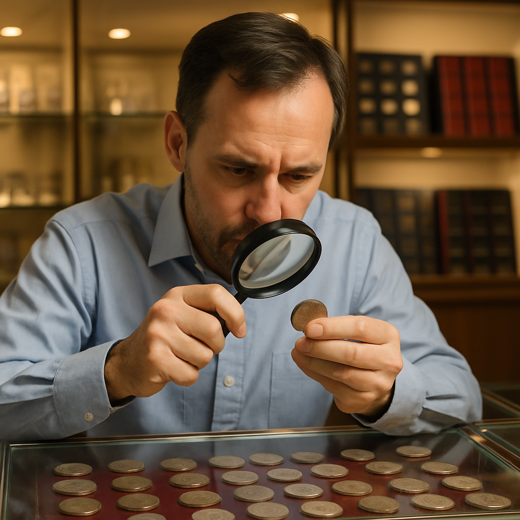 Professional coin collector carefully examining vintage coins with a magnifying glass in a well-lit display room.