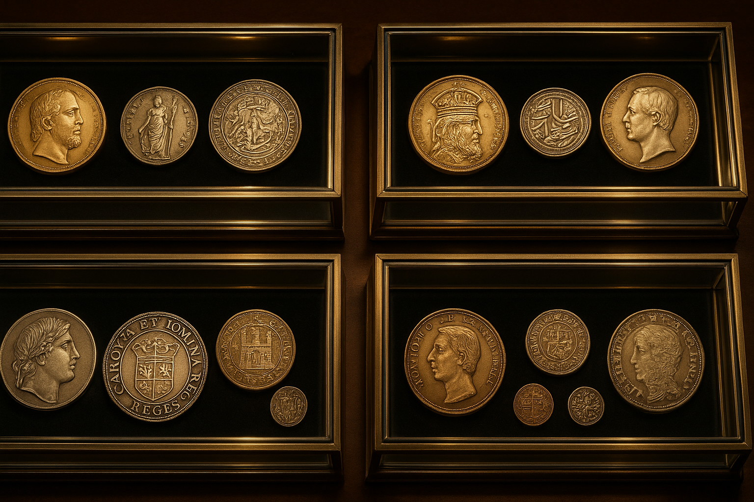 Diverse collection of historical coins displayed in glass cases, highlighting the variety of eras and origins available at the shop.