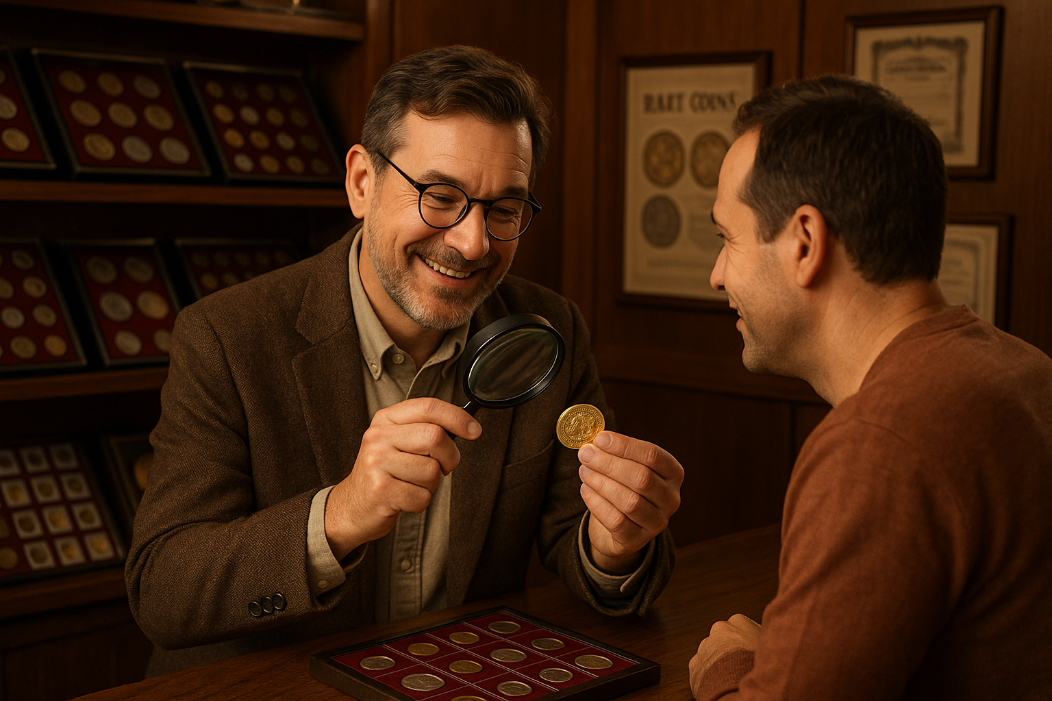 Friendly coin expert providing an appraisal to a customer in a welcoming, trusted coin shop environment.