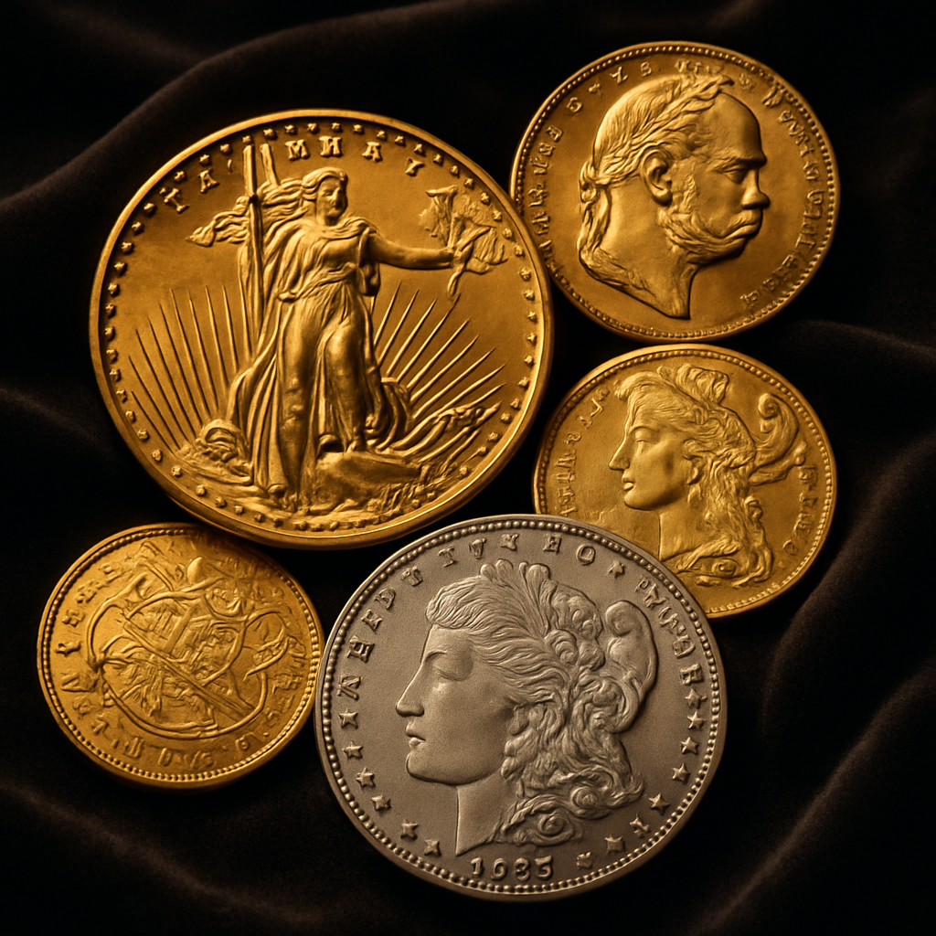 Close-up of rare gold and silver coins arranged elegantly on a dark velvet cloth, showcasing intricate details and craftsmanship.