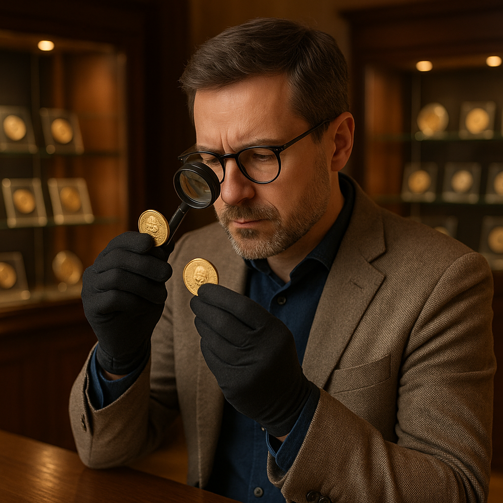 Professional coin collector examining a rare coin with a magnifying glass in a softly lit, elegant showroom setting