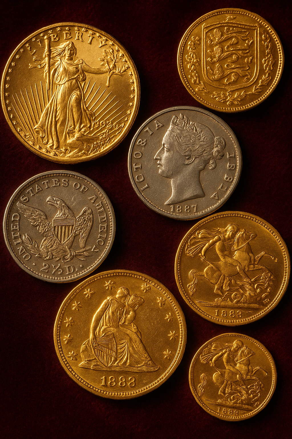 Close-up of rare gold and silver coins artfully arranged on a velvet display, highlighting their intricate engravings and luster
