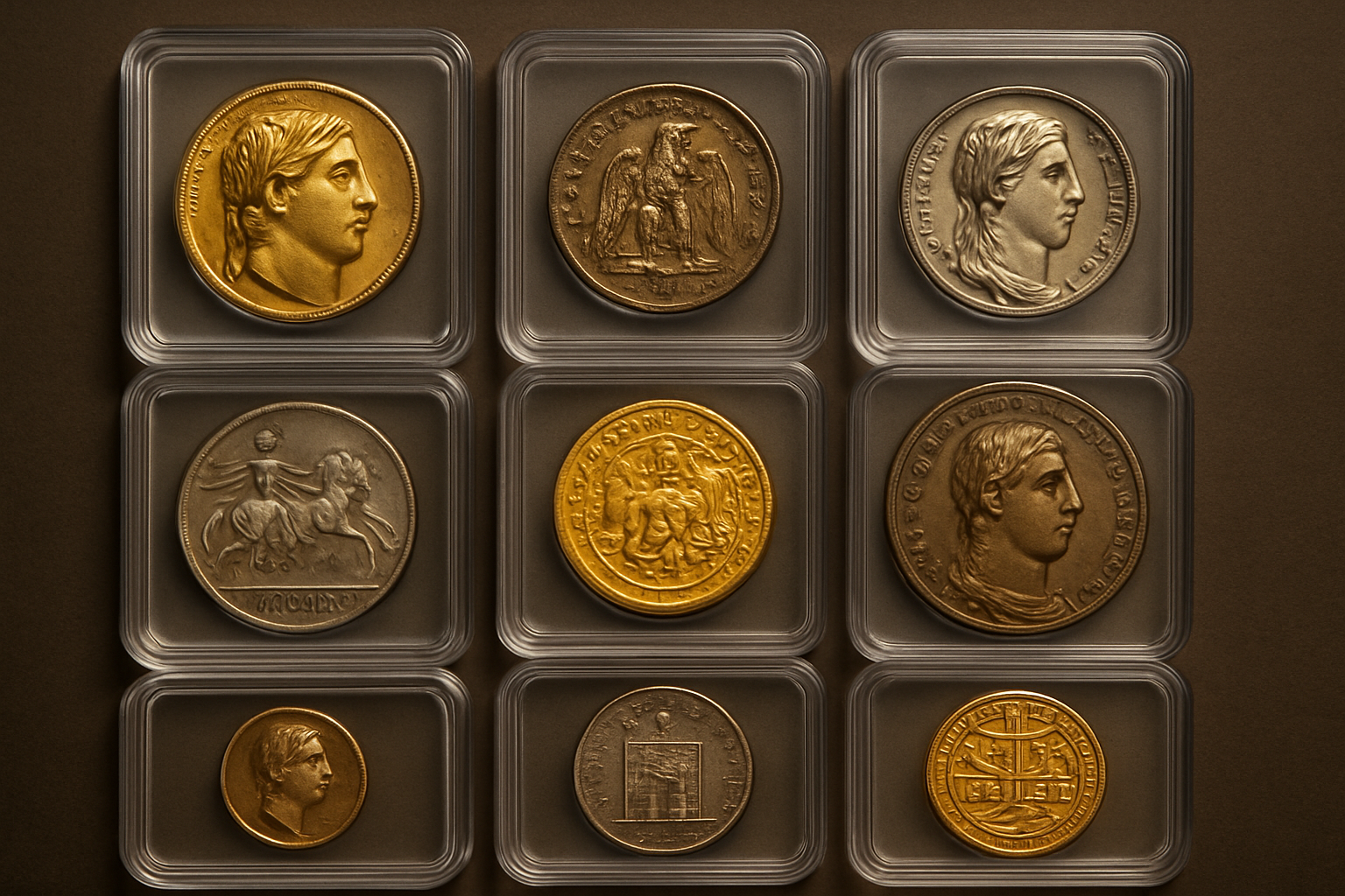 Diverse collection of unique and valuable coins from various eras and regions, organized in high-quality, protective cases