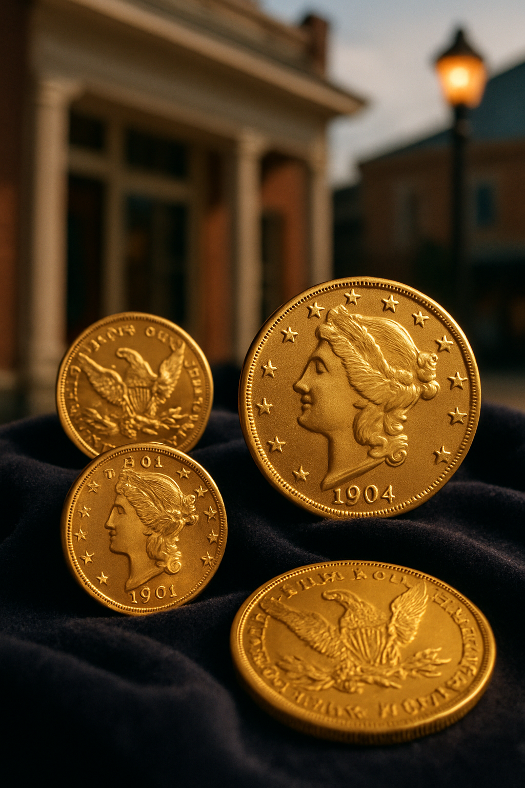 Close-up of rare gold coins with intricate details displayed elegantly on a dark velvet background