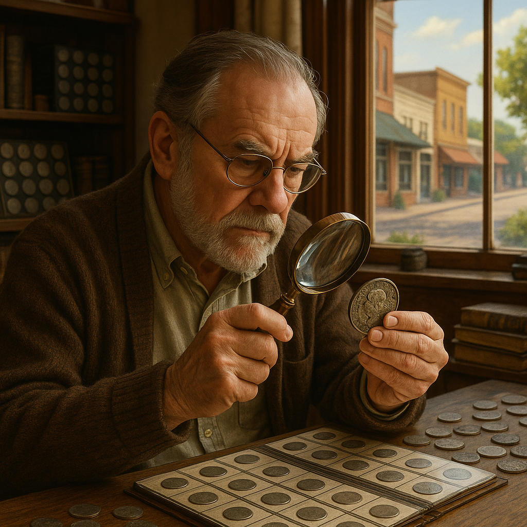 A seasoned coin collector examining an ancient coin with a magnifying glass, emphasizing expertise and trust.