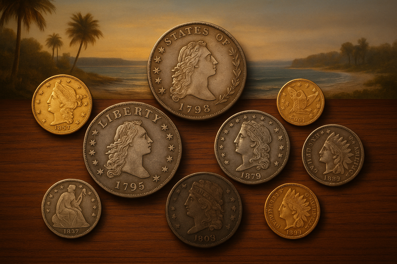 Elegant display of rare and vintage coins from Franklin County, Florida, inviting collectors to explore unique treasures.