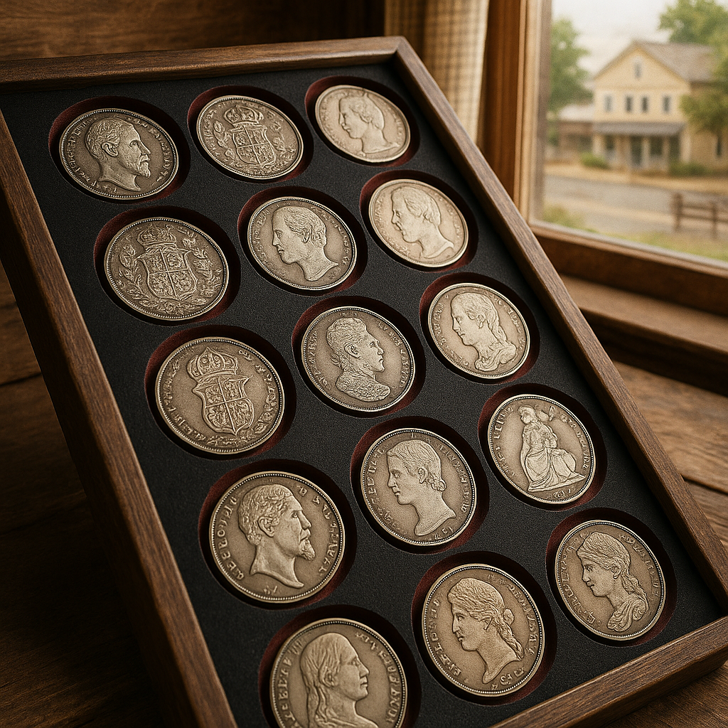 Vintage silver coins arranged in a professional display case showcasing a diverse historical collection.