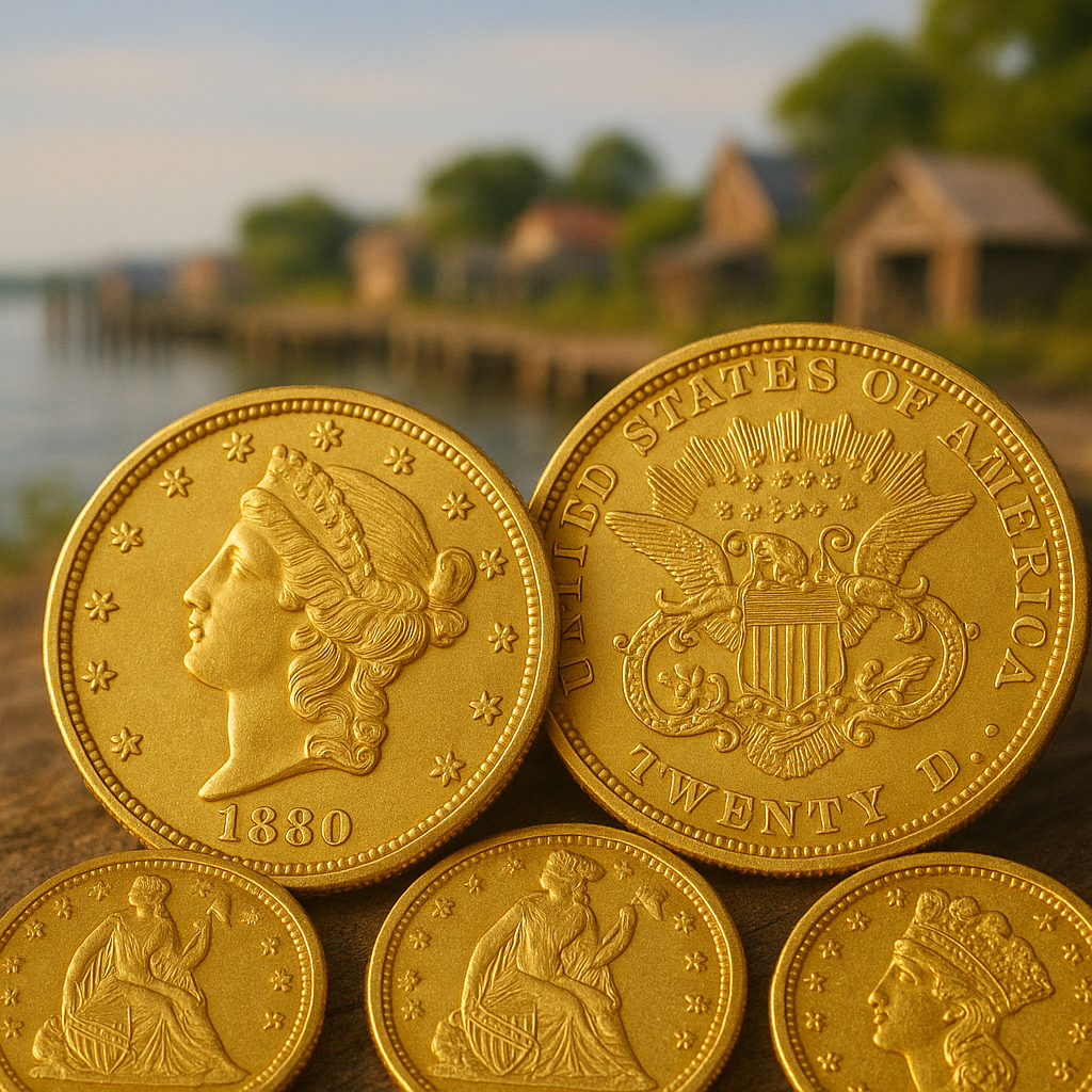 Close-up of rare gold coins with intricate designs and pristine condition, highlighting exquisite craftsmanship.