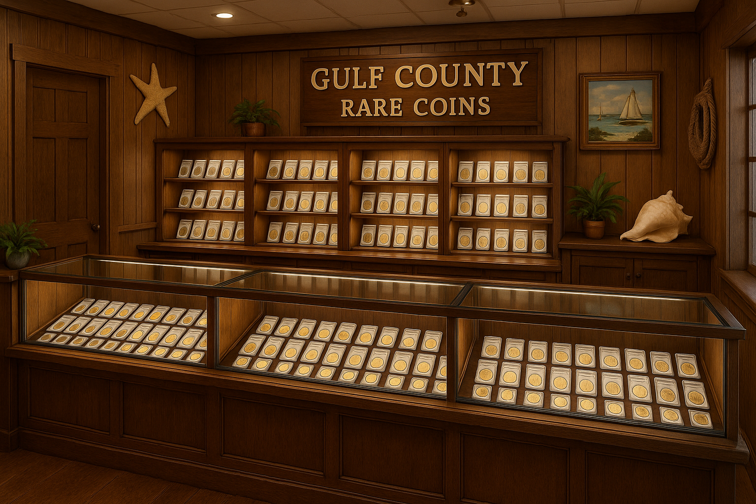 Welcoming shop interior of Gulf County Rare Coins with neatly organized shelves filled with rare coins for collectors