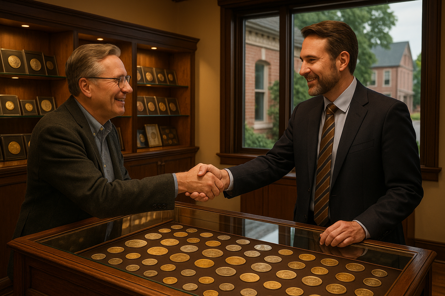 Satisfied coin collector shaking hands with an expert dealer inside Hamilton County's premier rare coin shop