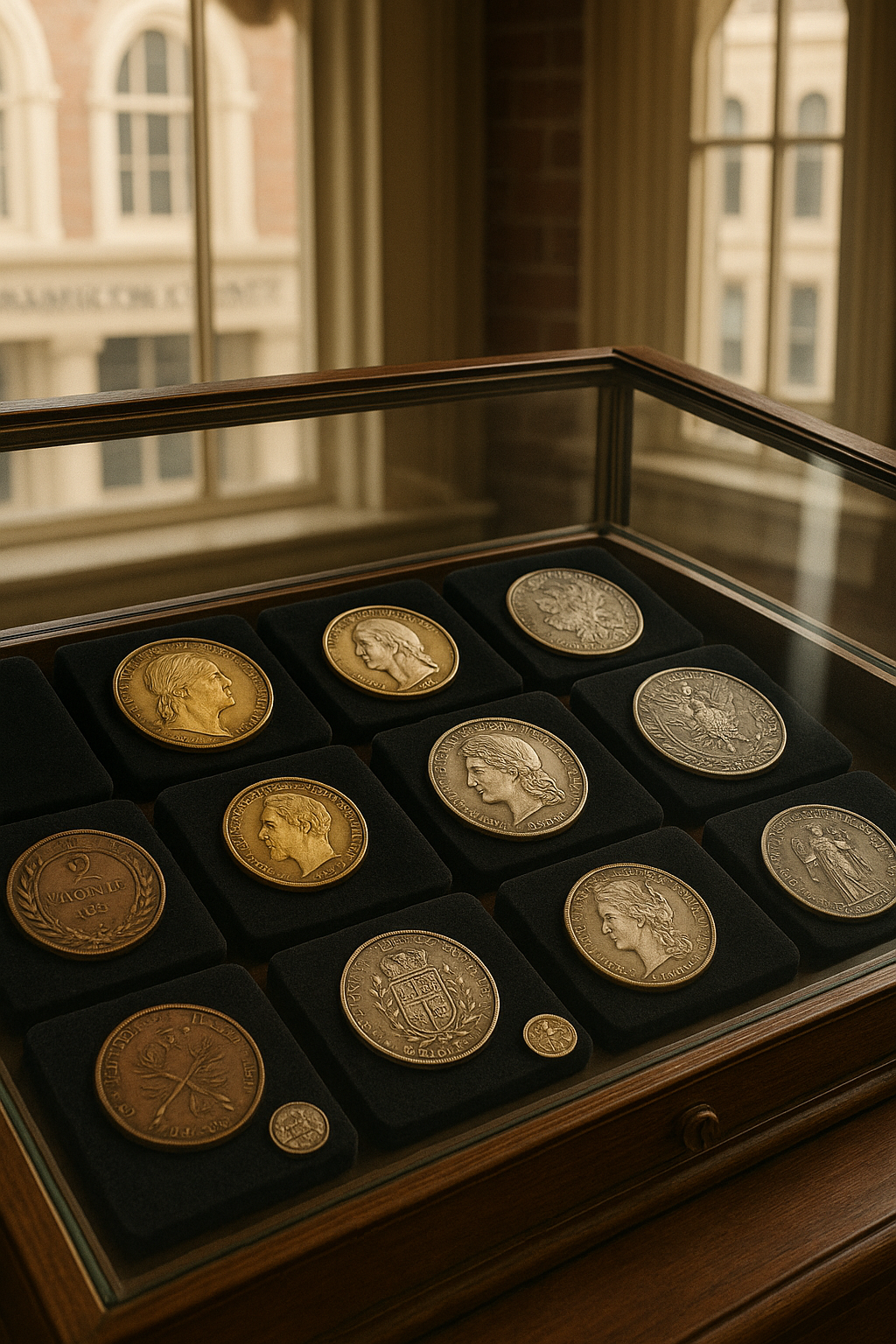 Elegant display of diverse rare coins from various eras and countries in a secure glass case