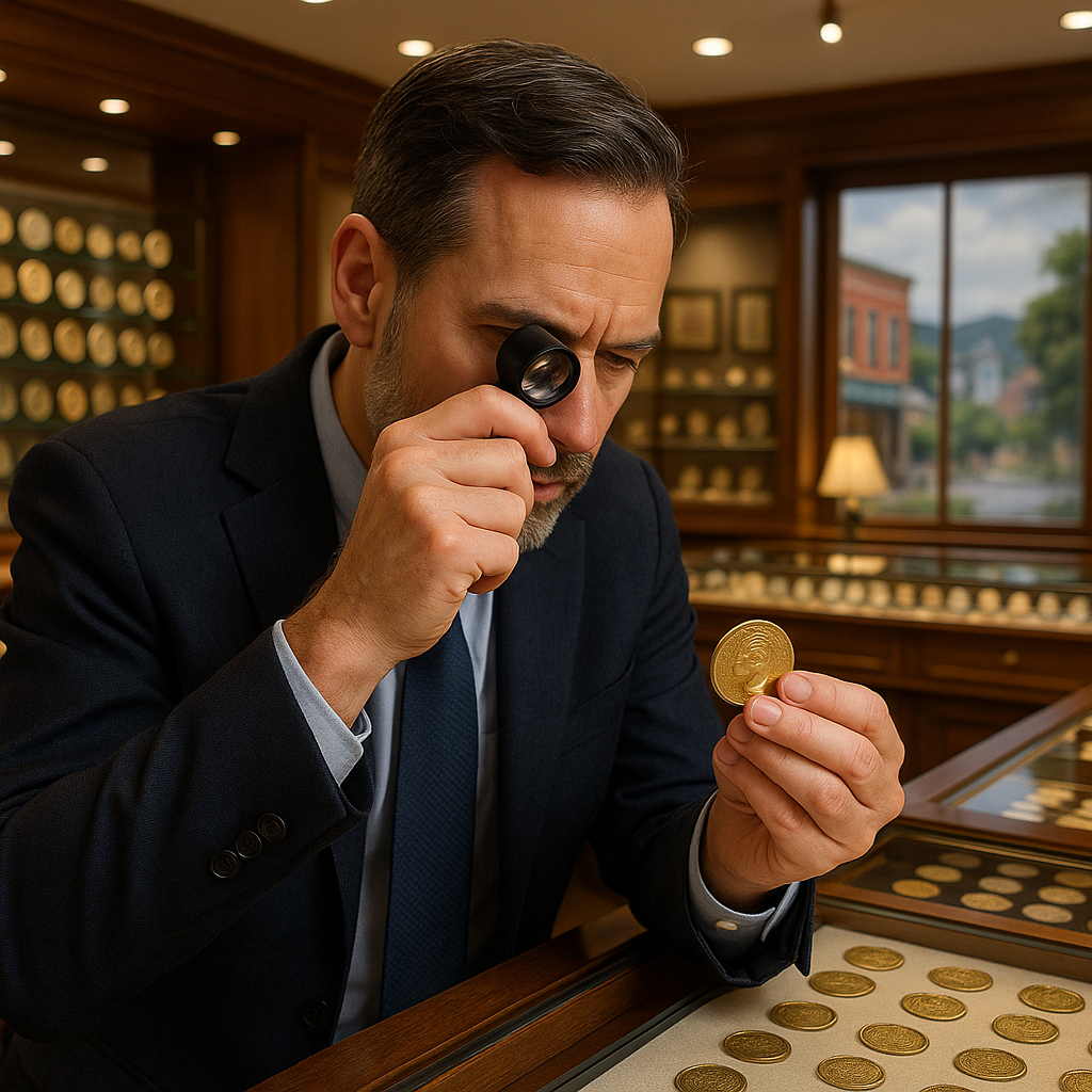 Professional numismatist appraising a valuable coin with a magnifying loupe in a well-lit showroom