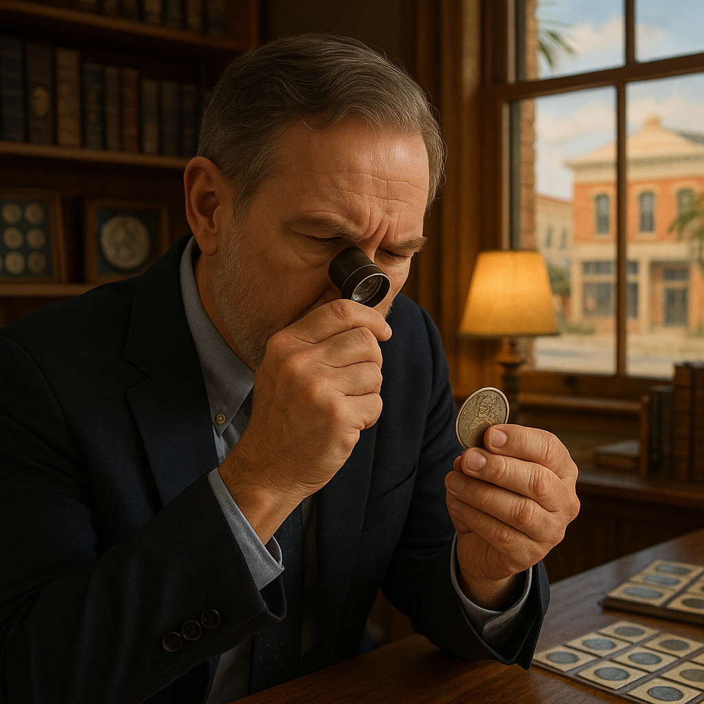 Professional coin appraisal expert examining a vintage coin under magnification