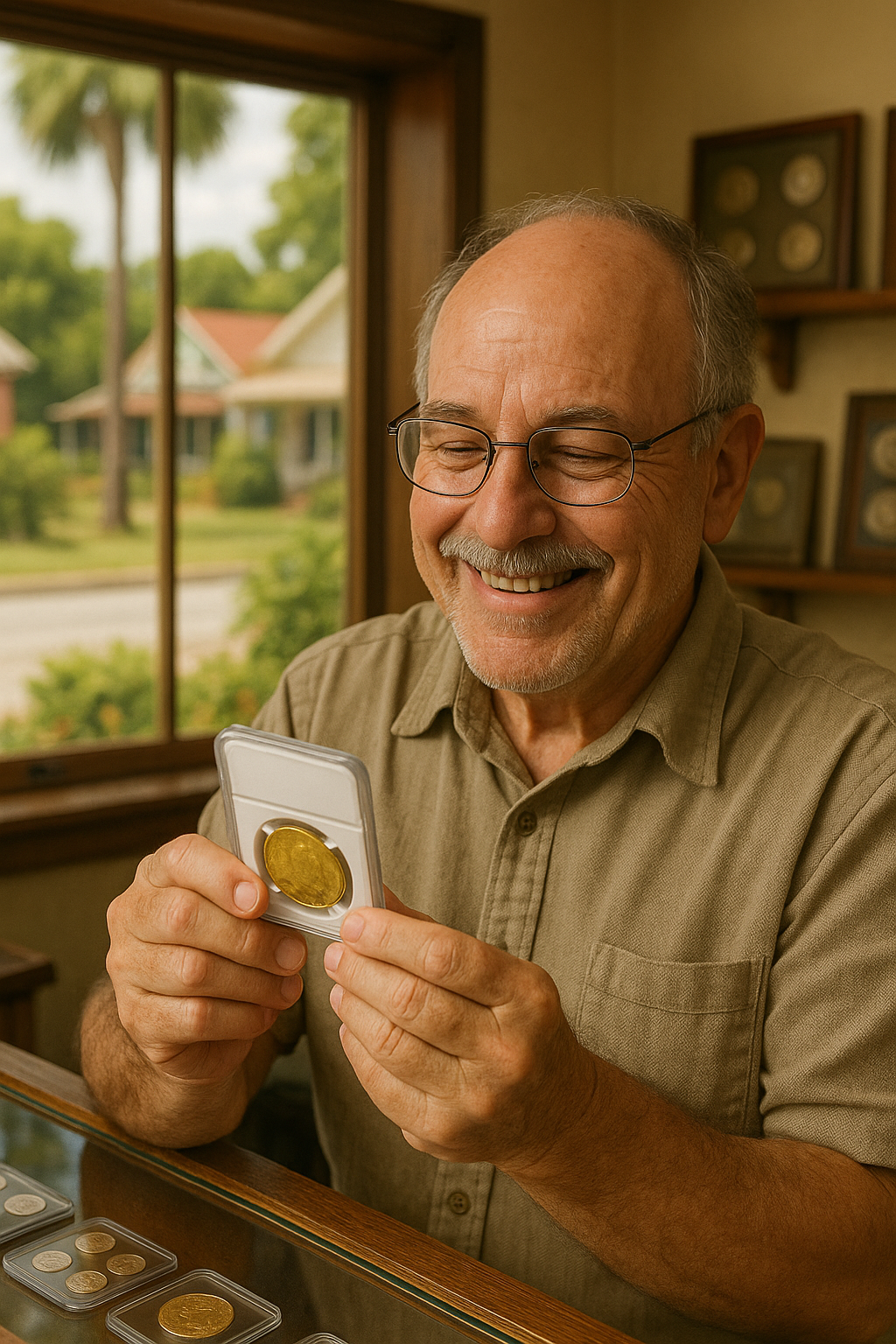 Satisfied coin collector reviewing a newly acquired rare coin with a smile