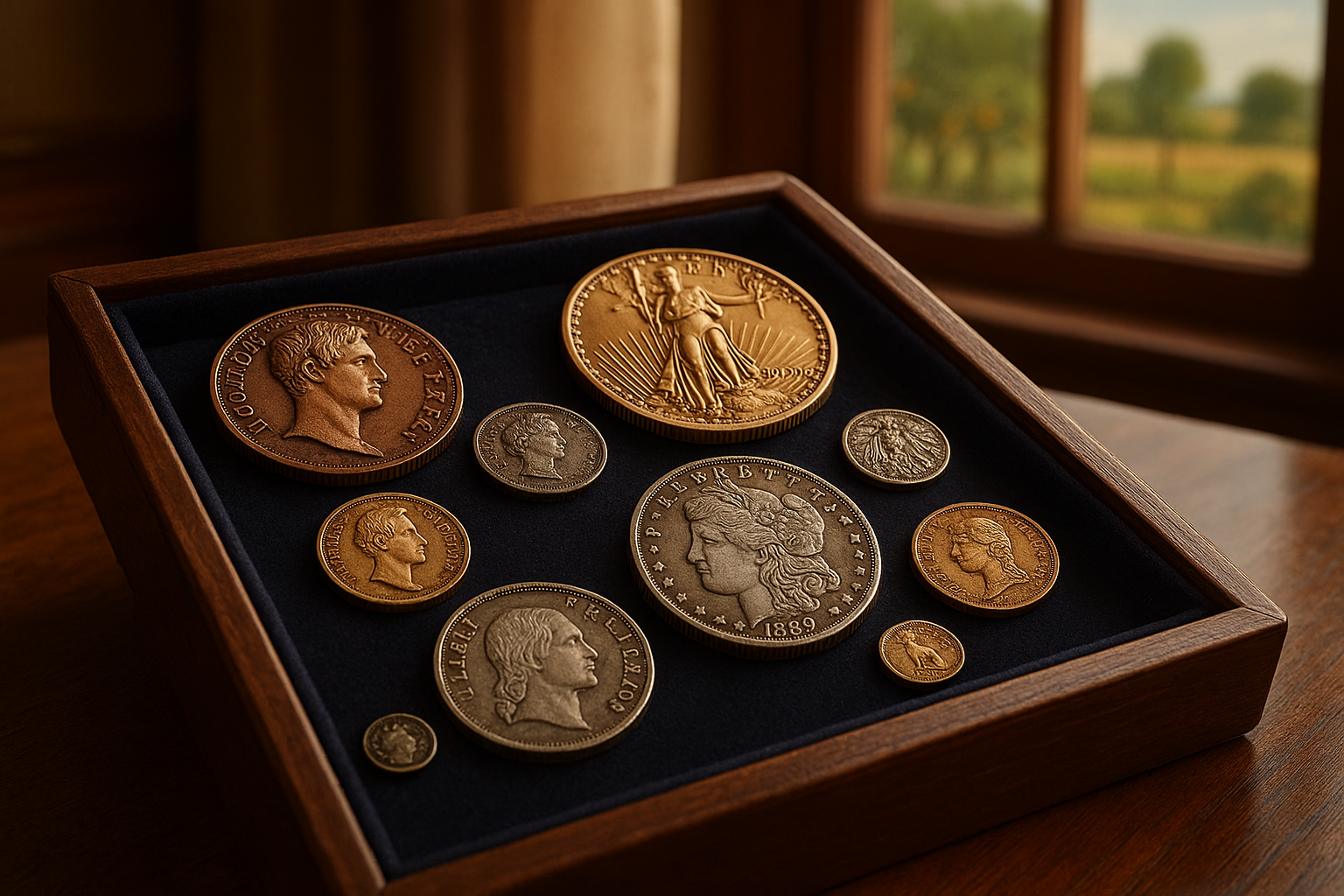 Elegant display of diverse rare coins arranged on a velvet-lined tray