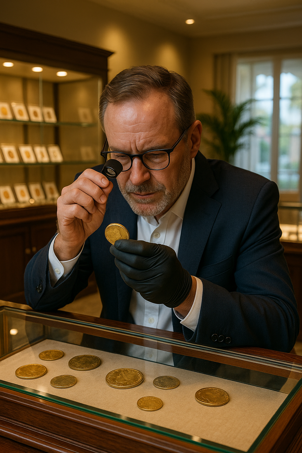 Professional coin expert examining vintage coins with a loupe in a well-lit, elegant showroom.