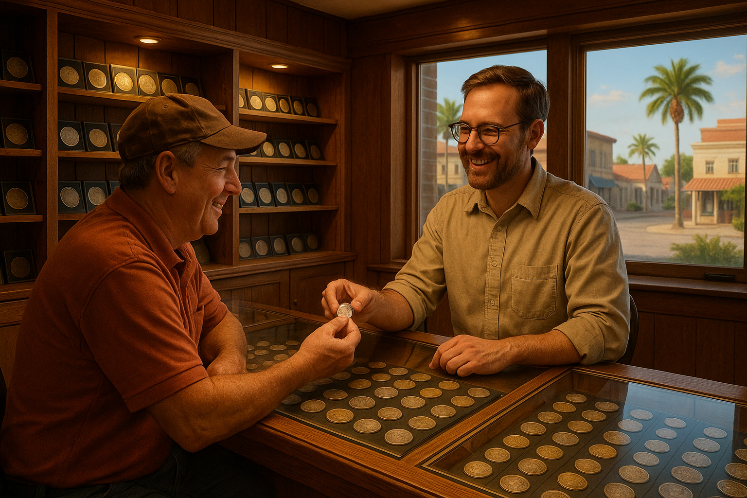 Satisfied collector receiving expert appraisal and personalized service in a warm, welcoming rare coin shop setting.
