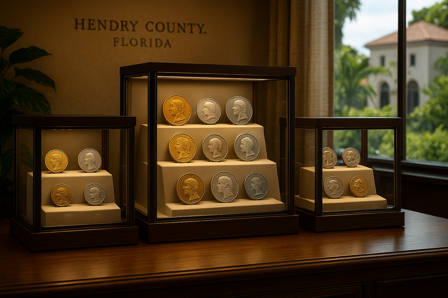 Elegant coin collection displayed in custom cases, showcasing a diverse range of rare and valuable coins.