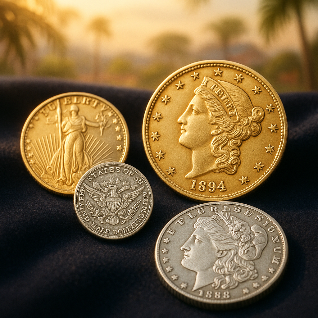 Close-up of rare gold and silver coins displayed on dark velvet, highlighting intricate details and craftsmanship.
