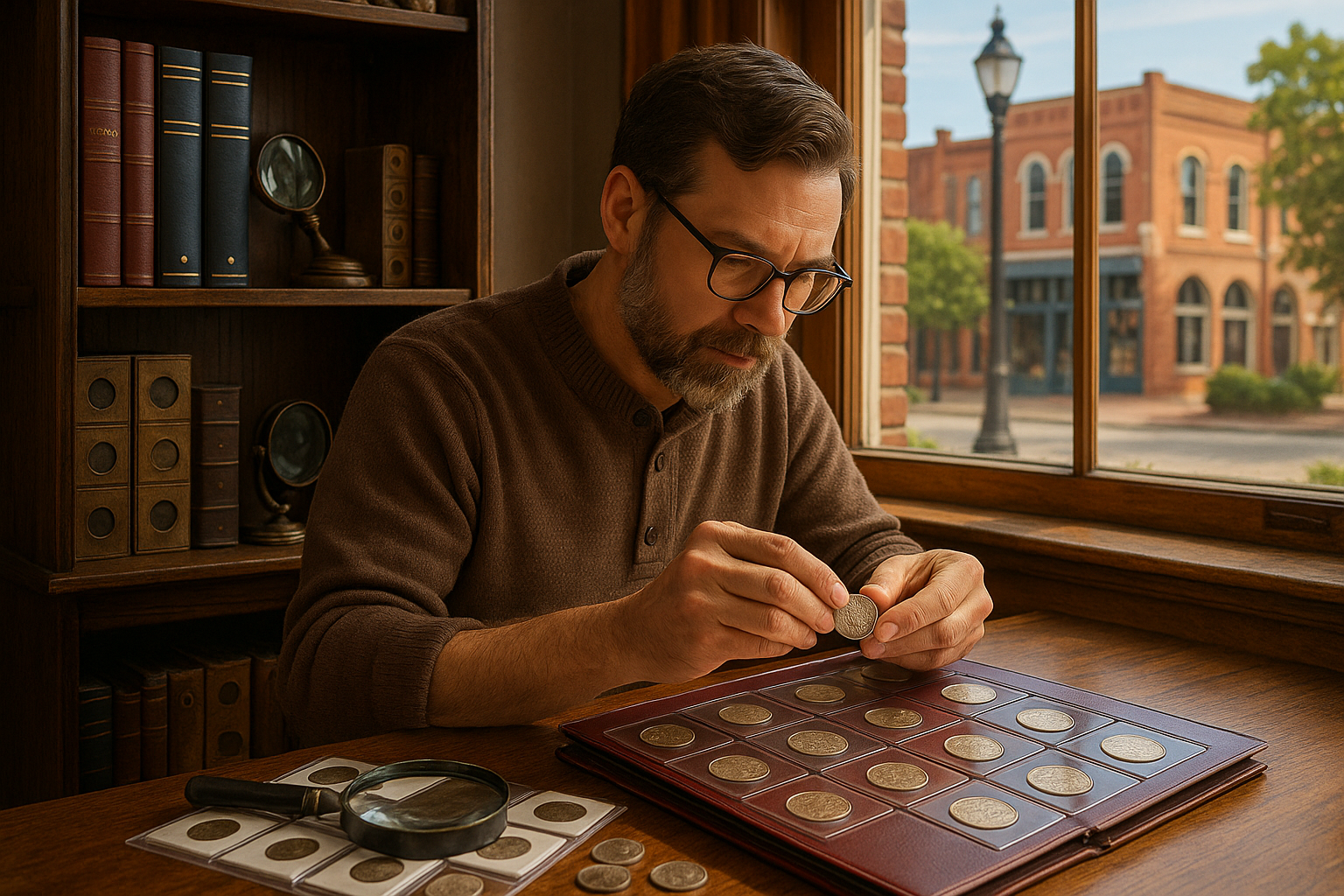 A passionate coin collector carefully adding a rare coin to a high-quality collection album