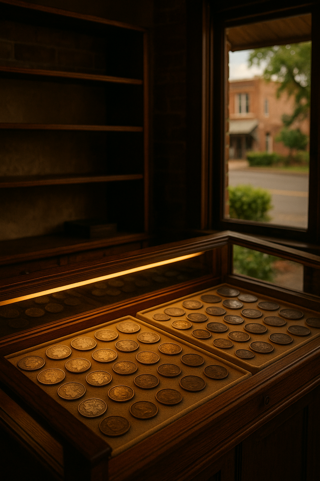 Elegant display case featuring a curated selection of vintage silver and bronze coins