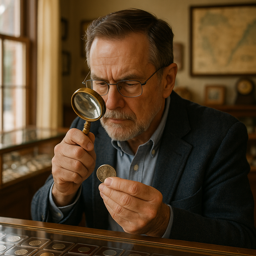 Professional coin expert examining a rare coin with a magnifying glass in a well-lit shop environment