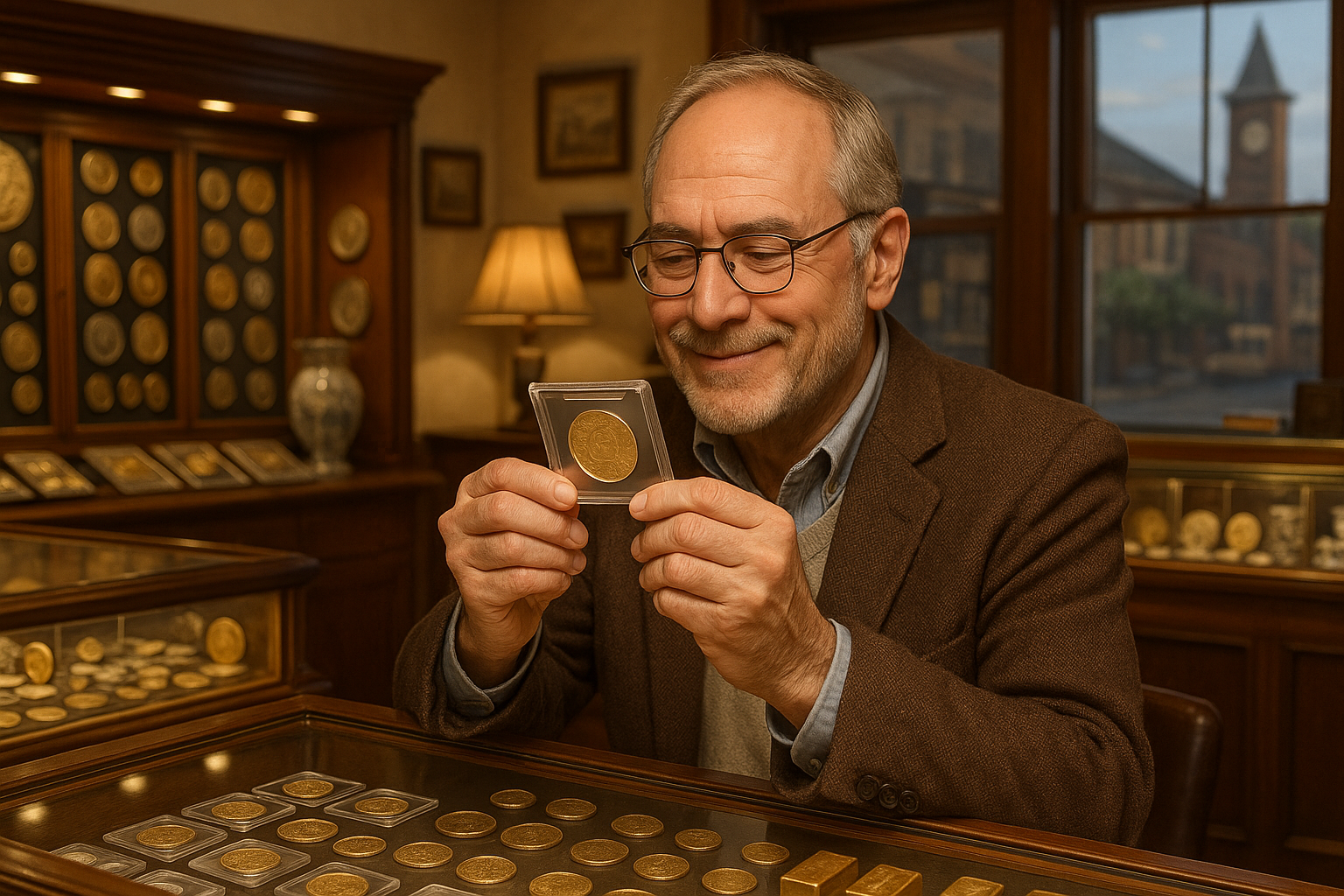 Satisfied collector examining a rare coin purchase in a professional, trusted coin shop environment