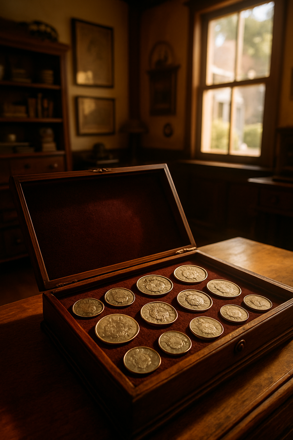 Elegant display of historic silver and collectible coins arranged in a luxurious case