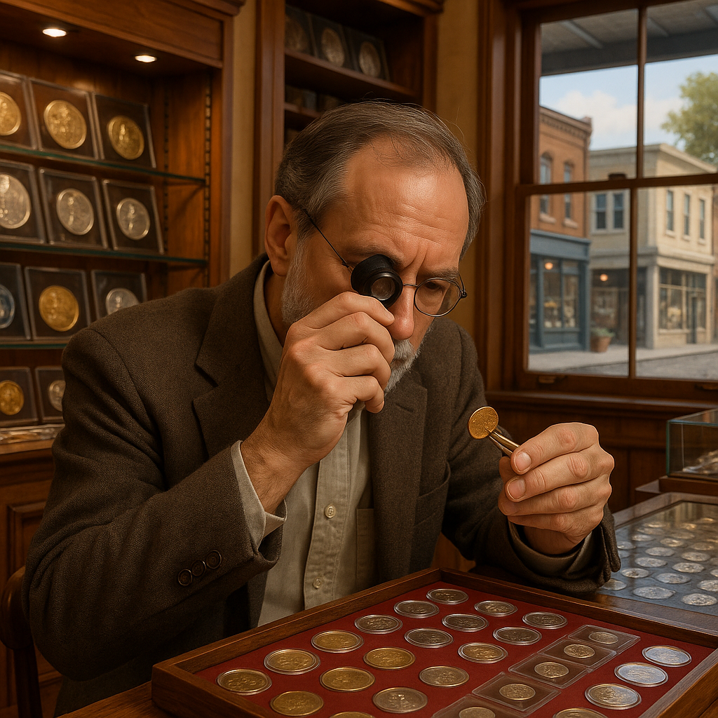 Expert numismatist carefully appraising a rare coin with precision tools