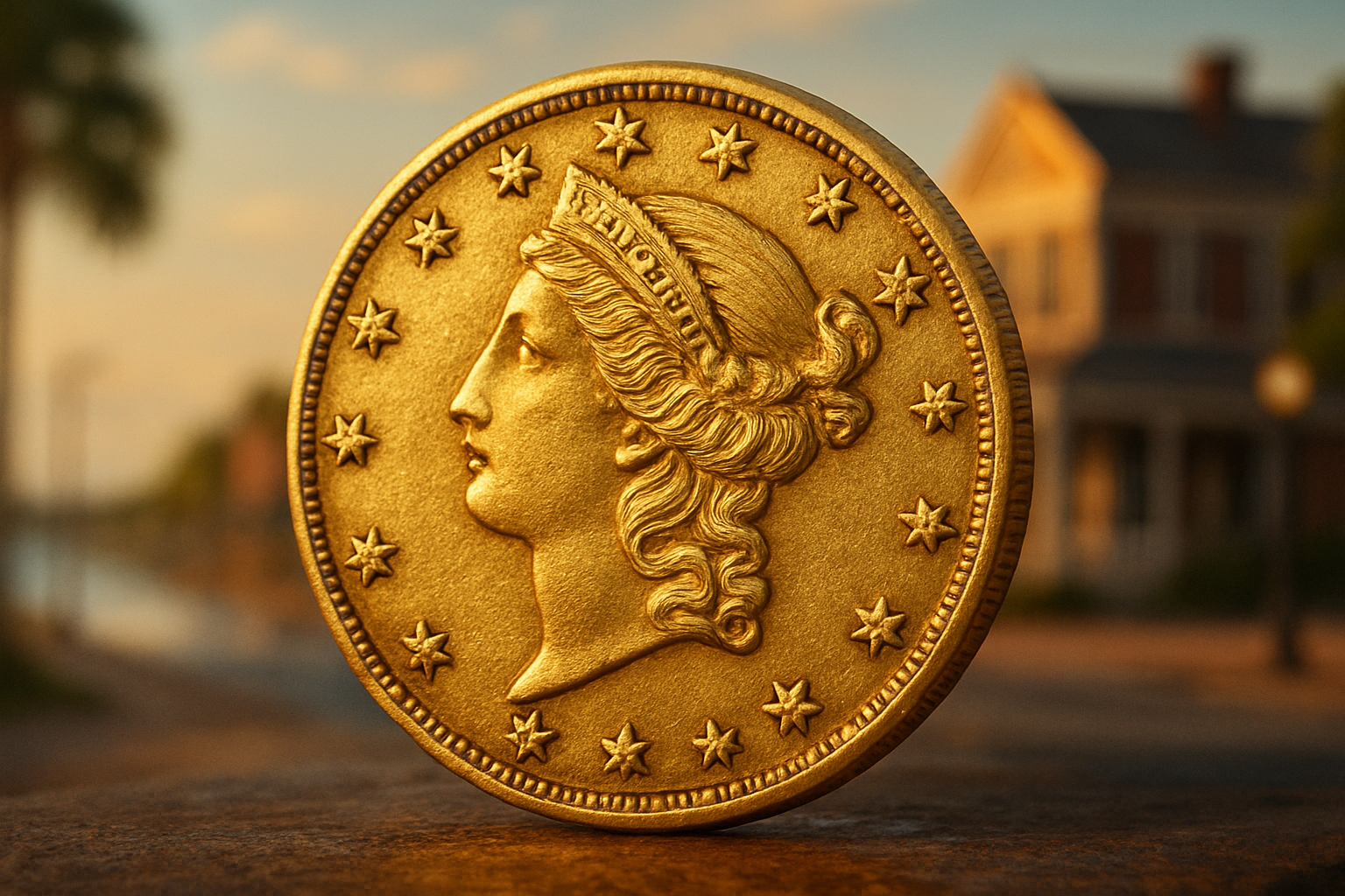 Close-up of a rare 19th-century gold coin gleaming under soft light, highlighting intricate details and craftsmanship
