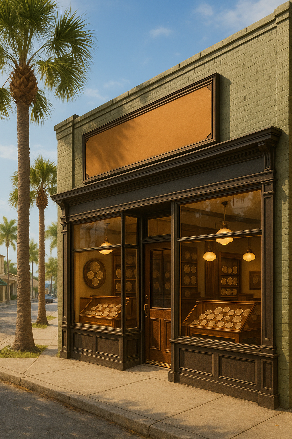 Inviting storefront of a Martin County rare coin shop with welcoming signage, reflecting a long legacy of coin collecting