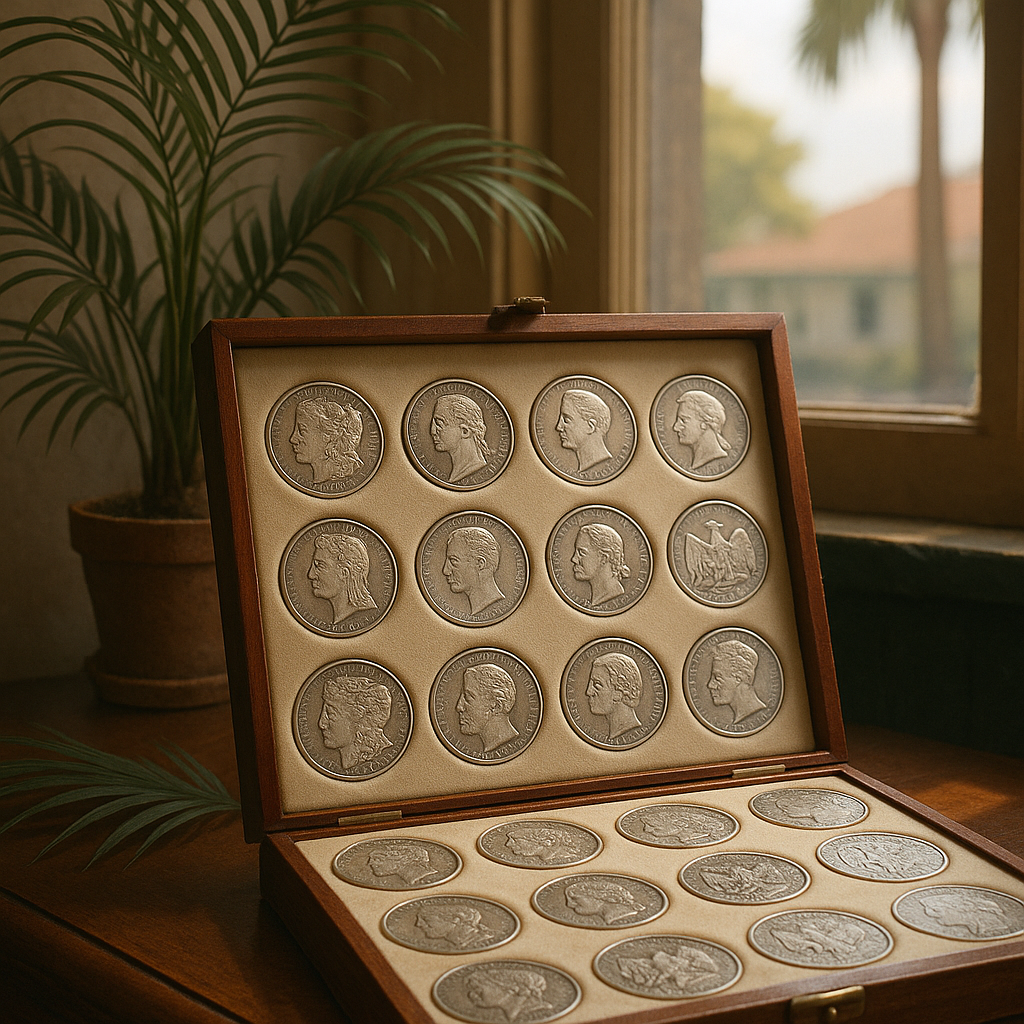 Elegant display of vintage silver coins arranged neatly in a collector's case, showcasing their historical value