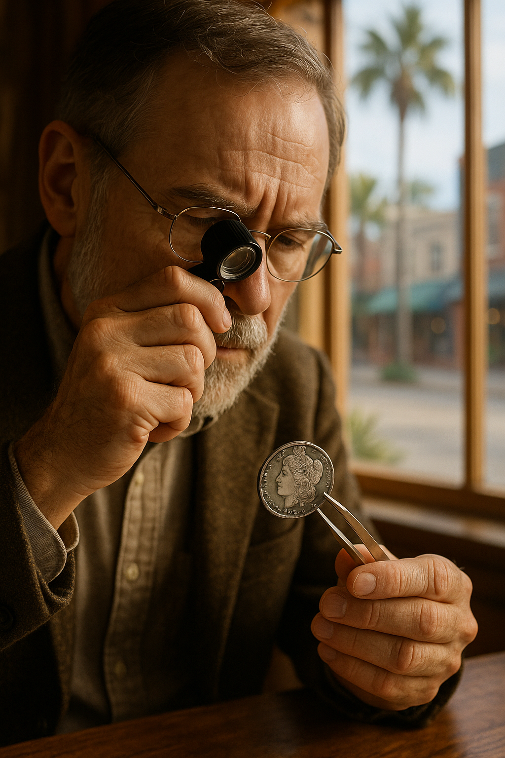 Close-up of an expert appraiser examining a vintage coin with precision tools