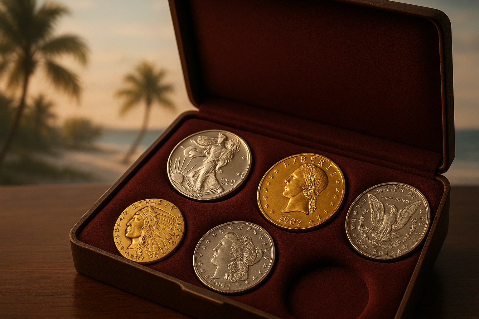 Showcase of rare gold and silver coins displayed elegantly in a velvet-lined case
