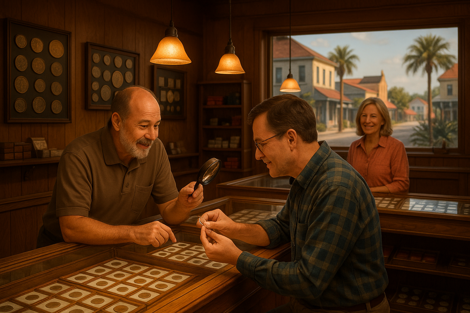 Friendly staff assisting a collector in a warm, inviting Nassau County coin shop interior