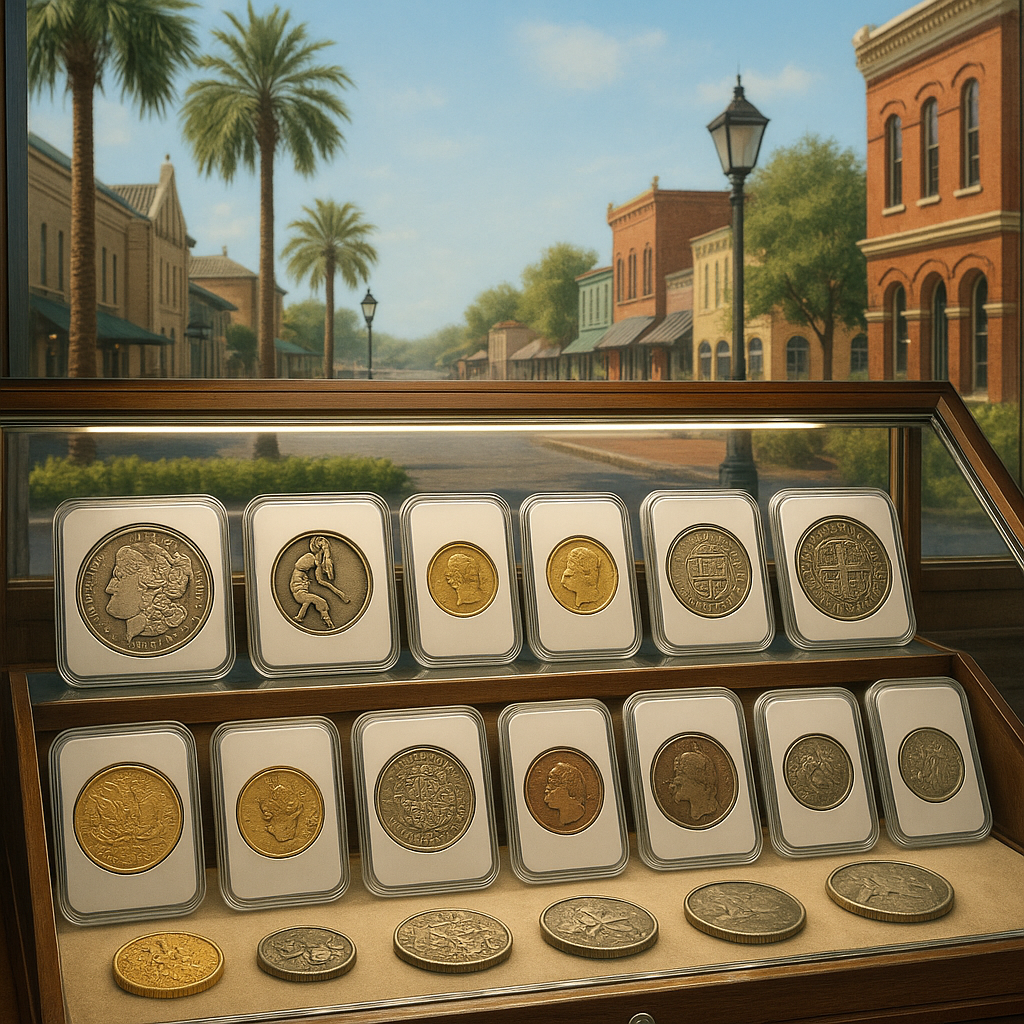 Professional coin collection showcase featuring diverse coins from various eras and countries