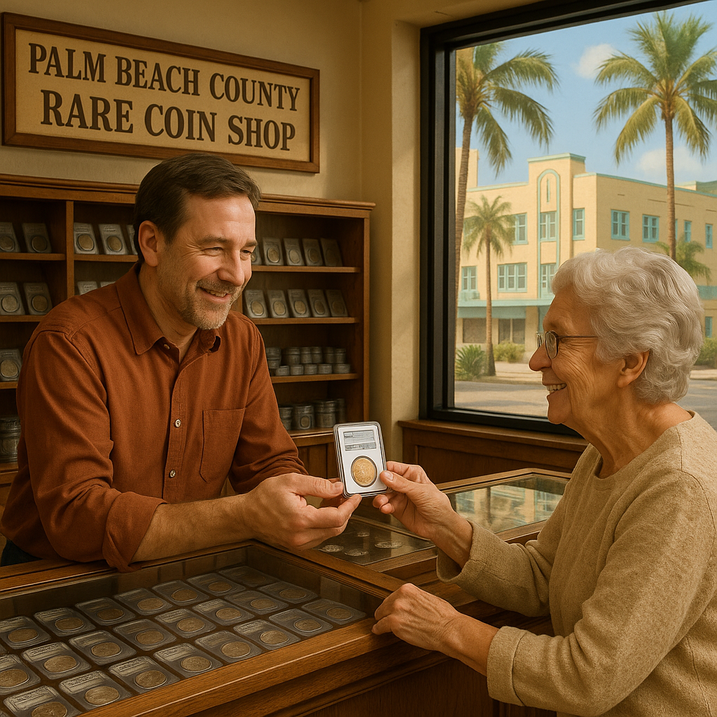 Trusted local coin dealer handing over a certified, authenticated coin to a satisfied collector in Palm Beach County shop