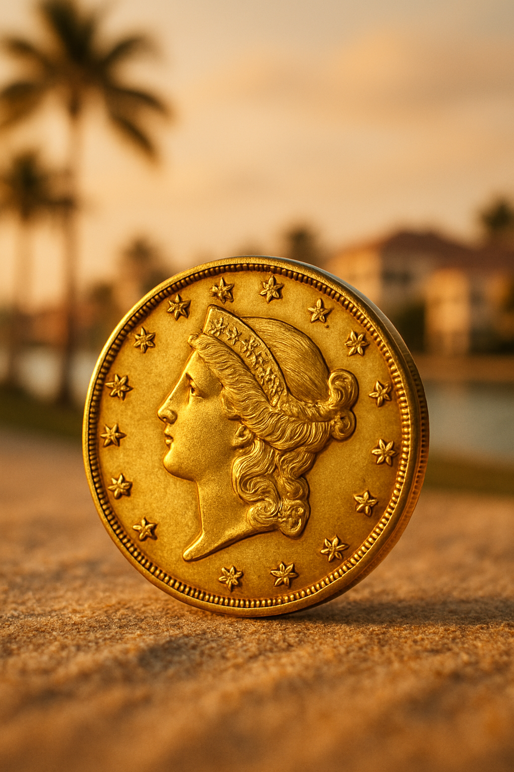 Close-up of a rare 19th-century gold coin gleaming under soft lighting, highlighting intricate details and craftsmanship