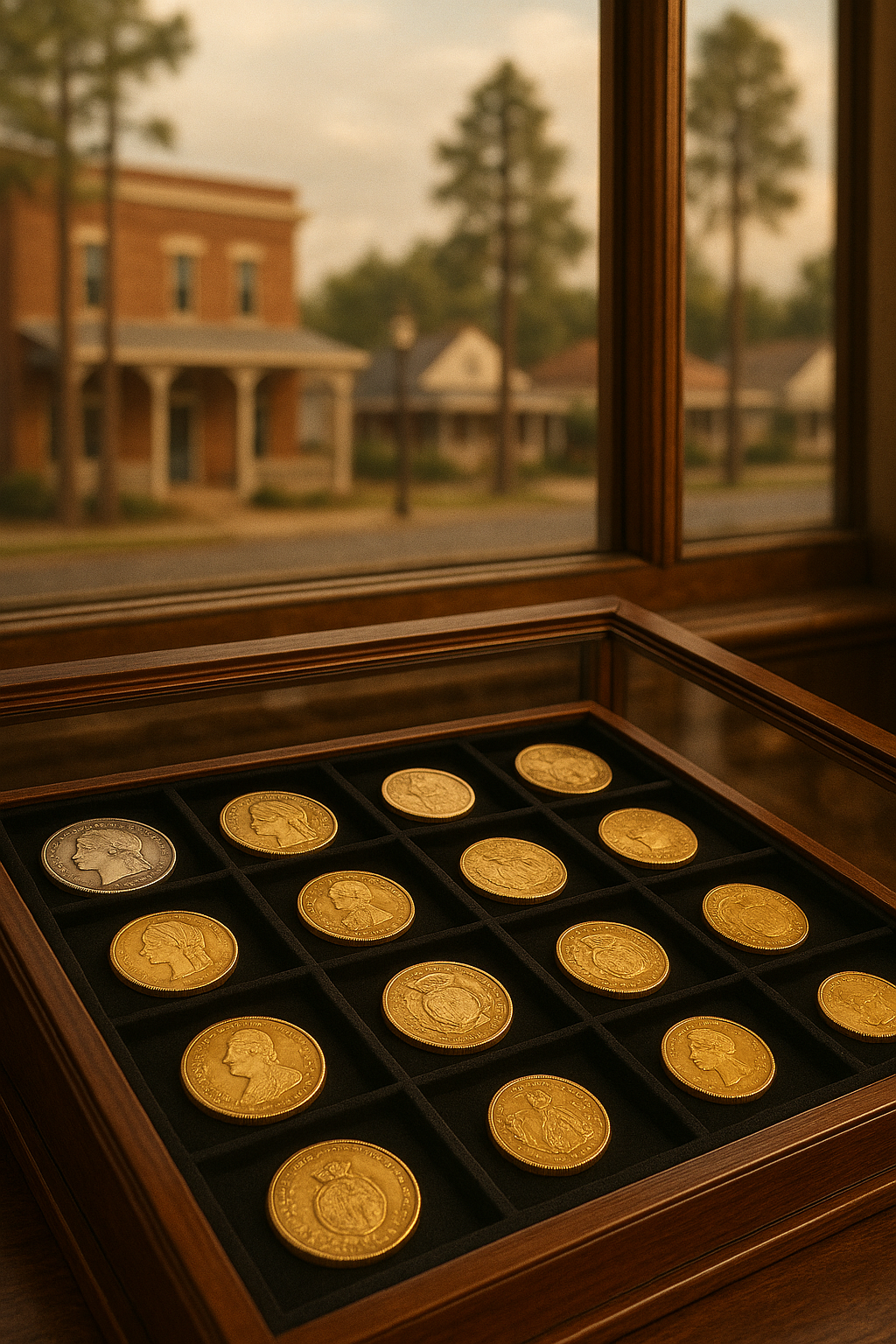 Elegant display case featuring an assortment of pristine Florida and world rare coins