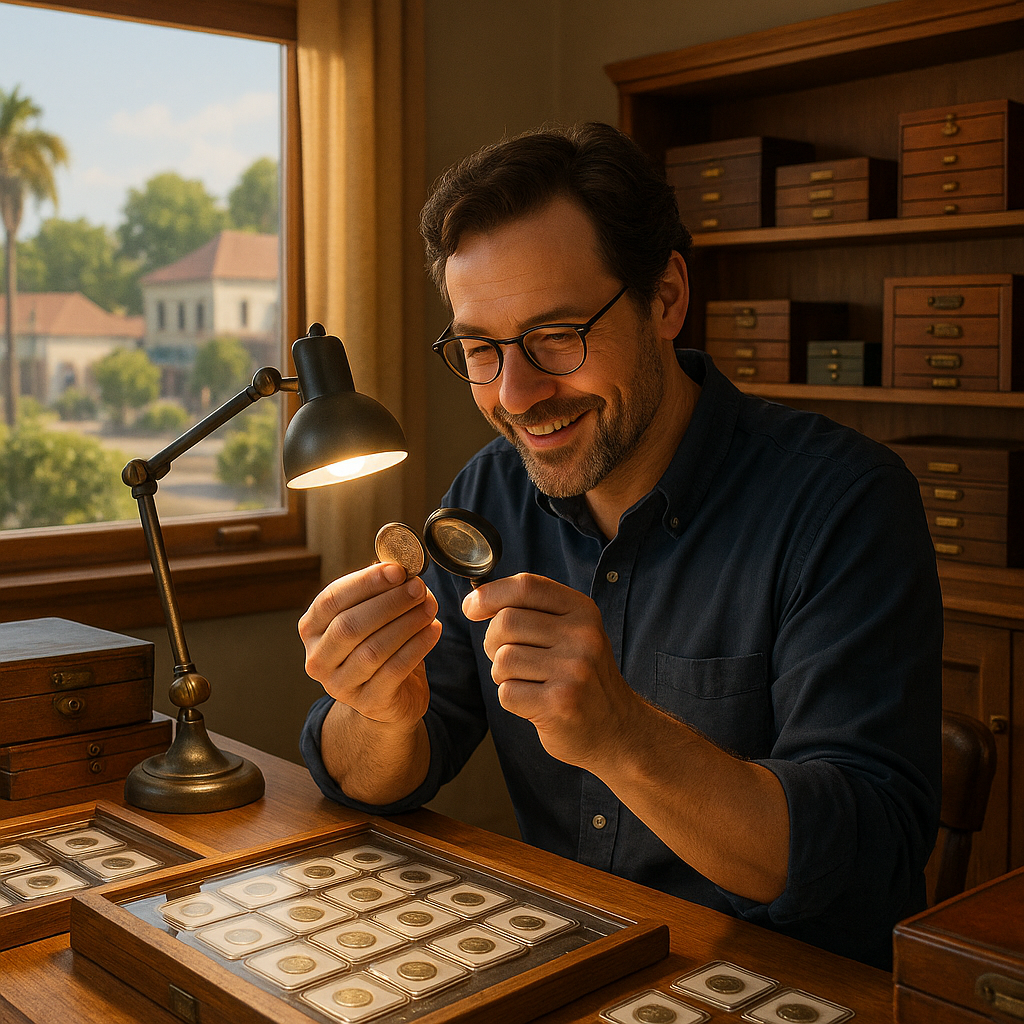 Collector enthusiastically inspecting a valuable coin at Calhoun County's premier coin shop